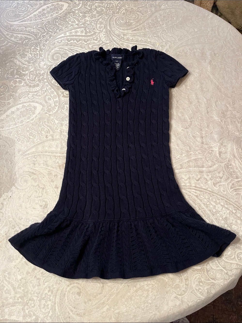 Ralph Lauren Girl Size 6 Navy Blue Cotton Cable Knit Dress in EUC